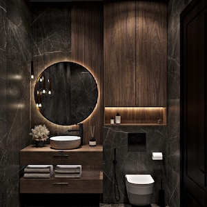 Rendering 3D di interni, bagno, cucina, soggiorno e camera da letto in marmo scuro, 5 rendering/viste, 3 cicli di revisione inclusi!