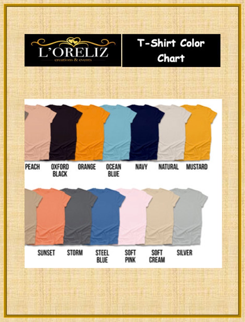 May include: T-shirt colour chart with 12 different colours. The colours are: Peach, Oxford Black, Orange, Ocean Blue, Navy, Natural, Mustard, Sunset, Storm, Steel Blue, Soft Pink, Soft Cream, and Silver.