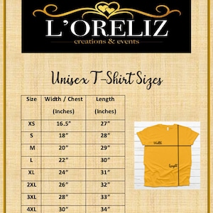 May include: Unisex t-shirt size chart with measurements in inches. The chart shows the width and length of the shirt in inches for sizes XS to 4XL. A yellow t-shirt is shown to the right of the chart.