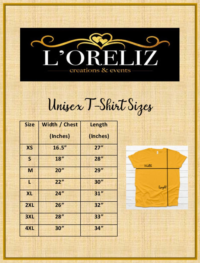 May include: Unisex t-shirt size chart with measurements in inches. The chart shows the width and length of the shirt in inches for sizes XS to 4XL. A yellow t-shirt is shown to the right of the chart.