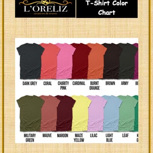 May include: A colour chart showing different t-shirt colours. The colours include dark grey, coral, charity pink, cardinal, burnt orange, brown, army, beige, military green, mauve, maroon, maize yellow, lilac, light blue, leaf, and king.