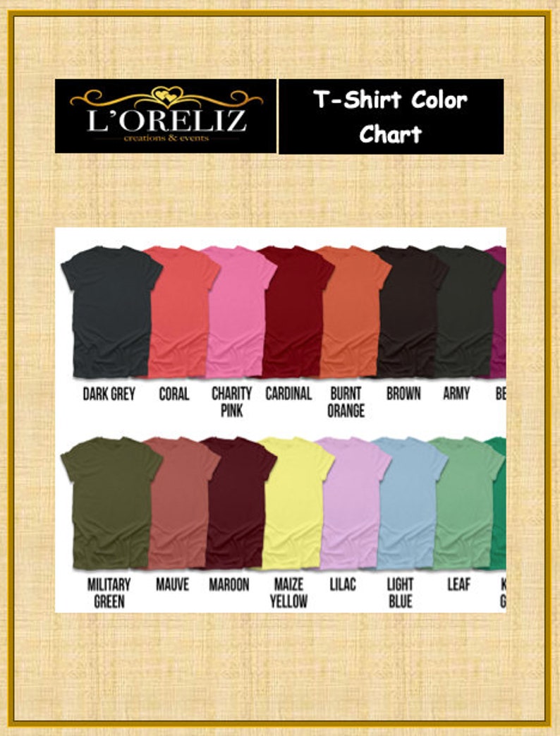 May include: A colour chart showing different t-shirt colours. The colours include dark grey, coral, charity pink, cardinal, burnt orange, brown, army, beige, military green, mauve, maroon, maize yellow, lilac, light blue, leaf, and king.