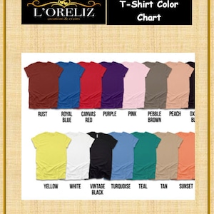 May include: A chart displaying 14 different t-shirt colours. The colours are: Rust, Royal Blue, Canvas Red, Purple, Pink, Pebble Brown, Peach, Oxblood, Yellow, White, Vintage Black, Turquoise, Teal, Tan, and Sunset.