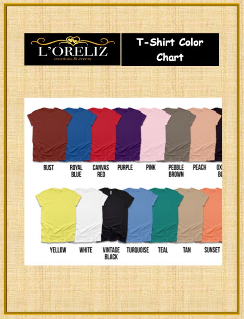 May include: A chart displaying 14 different t-shirt colours. The colours are: Rust, Royal Blue, Canvas Red, Purple, Pink, Pebble Brown, Peach, Oxblood, Yellow, White, Vintage Black, Turquoise, Teal, Tan, and Sunset.