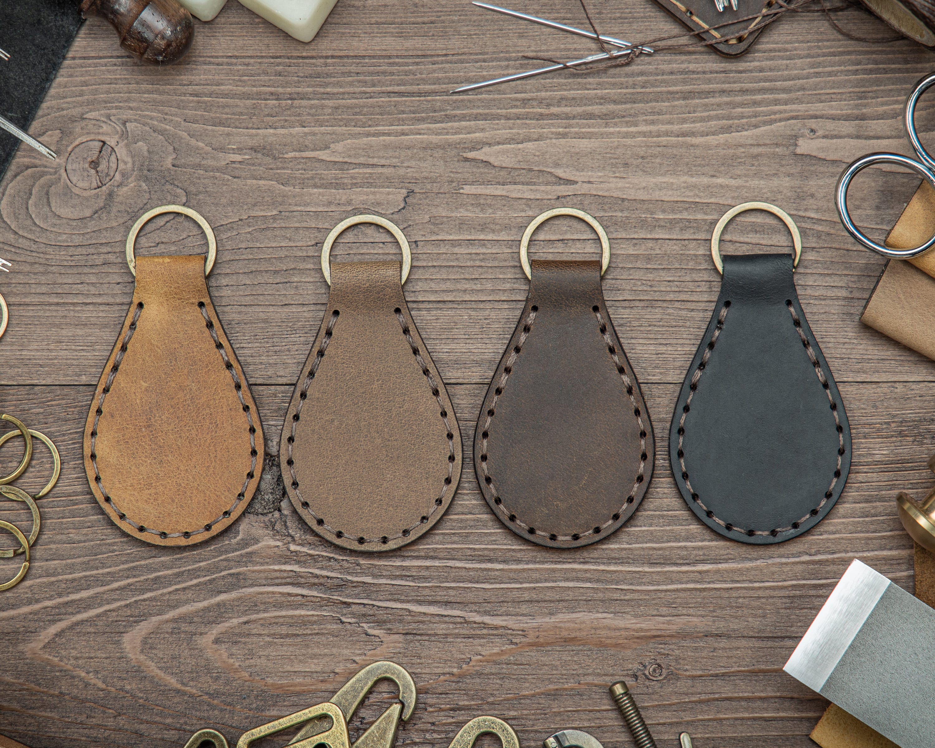 Personalized Full-Grain Leather Teardrop Keychain, Engraved Monogram Gift