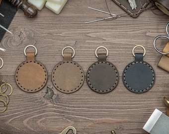 Personalized Leather Keychain, Custom Engraved Key Chain Gifts For Men and Birthday, Monogram Key Fob Gift For Boyfriend, Circle Keychain