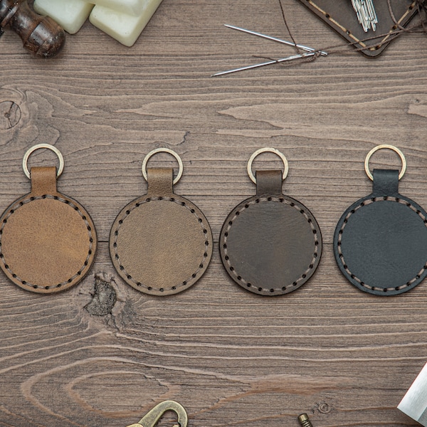Personalized Leather Keychain, Custom Engraved Key Chain Gifts For Men and Birthday, Monogram Key Fob Gift For Boyfriend, Circle Keychain