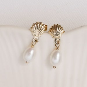 Freshwater Pearl Seashell Drop Earrings in Sterling Silver or 14k Gold Filled, Seashell Dangle Stud Earrings