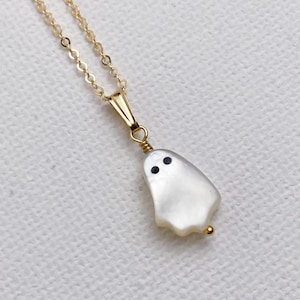 Mother of Pearl Ghost Necklace: Sterling Silver or 14K Gold Filled | Hand Carved Mother of Pearl Ghost Pendant