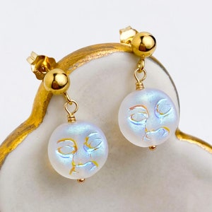Czech Glass Moon Man Earrings | Vintage Moon Stud Earrings | Solid Sterling Silver or 14K Gold Filled | Celestial Dangle Stud Earrings