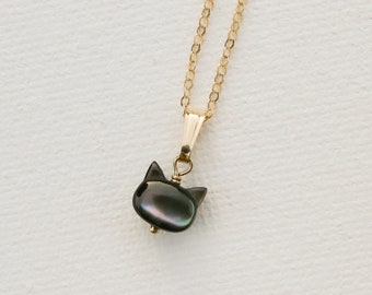 Black Cat Mother of Pearl Necklace in Sterling Silver or 14k Gold Filled