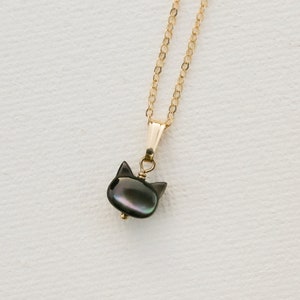 Mother of Pearl Black Cat Necklace in Sterling Silver or 14K Gold Filled | Hand Carved Black Mother of Pearl Cat Pendant