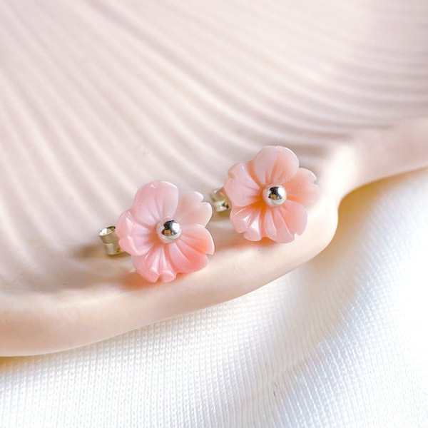 Mother of Pearl Cherry Blossom Earrings, Cherry Blossom Stud Earrings in Sterling Silver or 14k Gold Filled, Gift for Flower Girl Jewelry