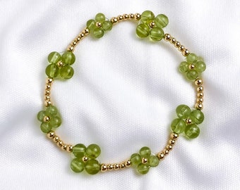 Peridot Clover Bracelet, Four Leaf Clover Bracelet in Sterling Silver or 14k Gold Filled