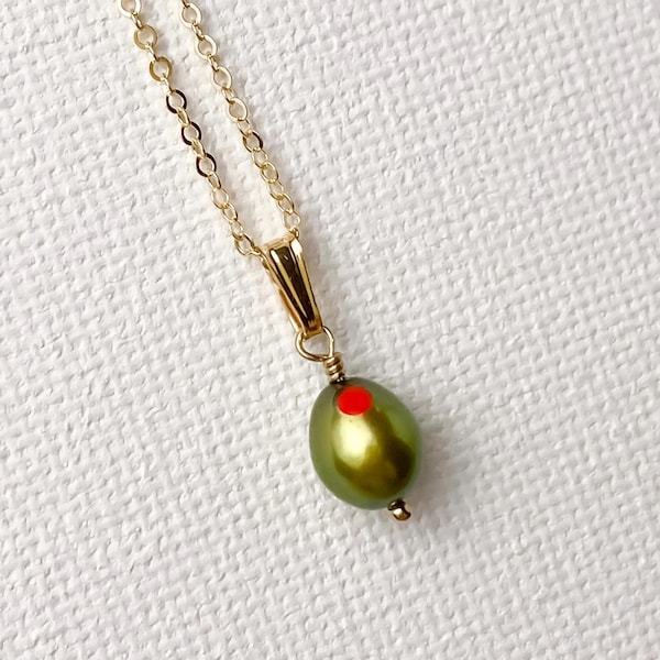 TINY Freshwater Pearl Olive Necklace in Solid 925 Sterling Silver or 14K Gold Filled | Hand Carved Green Freshwater Pearl