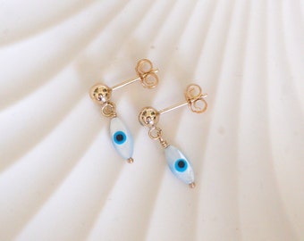 Dainty Evil Eye Earrings in Mother of Pearl, Evil Eye Stud Earrings, Evil Eye Dangle Earrings in Sterling Silver or 14k Gold Filled