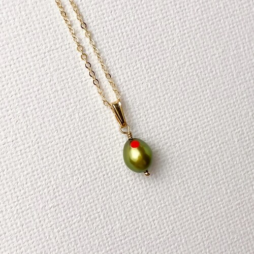 TINY Freshwater Pearl Olive Necklace in Solid 925 Sterling Silver or 14K Gold Filled | Hand Carved Green Freshwater Pearl