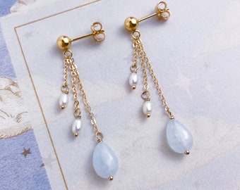 Aquamarine Rain Drop Stud Earrings with Freshwater Pearl in Sterling Silver or 14k Gold Filled