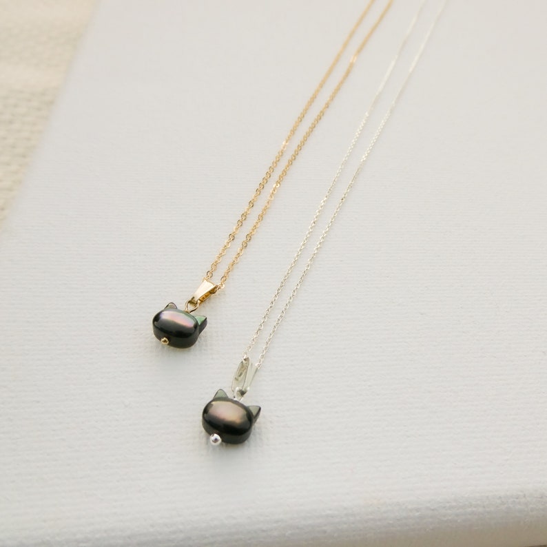 Black Cat Mother of Pearl Necklace in Sterling Silver or 14k Gold Filled image 2