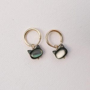 Mother of Pearl Black Cat Hoop Earrings in 14K Gold Filled ONLY | Hand Carved Black Mother of Pearl Cats