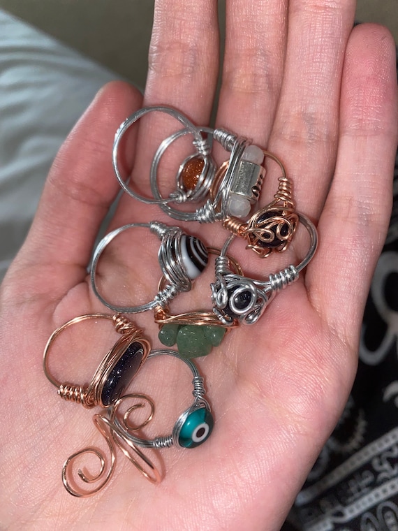MYSTERY RING BUNDLE Assorted Wire Wrapped Raw Crystal Beaded Rings