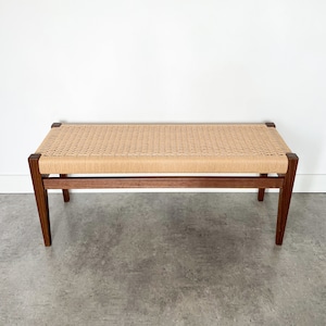 Stylish Danish Mid Century Walnut Bench with Paper Cord Seat