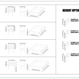 May include: Diagram showing four sizes of a nightstand with a drawer. The nightstand has a wood frame and four legs. The diagram shows the dimensions of the nightstand in inches and centimeters. The diagram also shows the height options for the nightstand with different leg heights and the overall height of the nightstand.