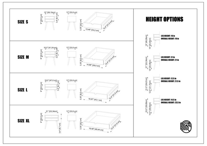May include: Diagram showing four sizes of a nightstand with a drawer. The nightstand has a wood frame and four legs. The diagram shows the dimensions of the nightstand in inches and centimeters. The diagram also shows the height options for the nightstand with different leg heights and the overall height of the nightstand.