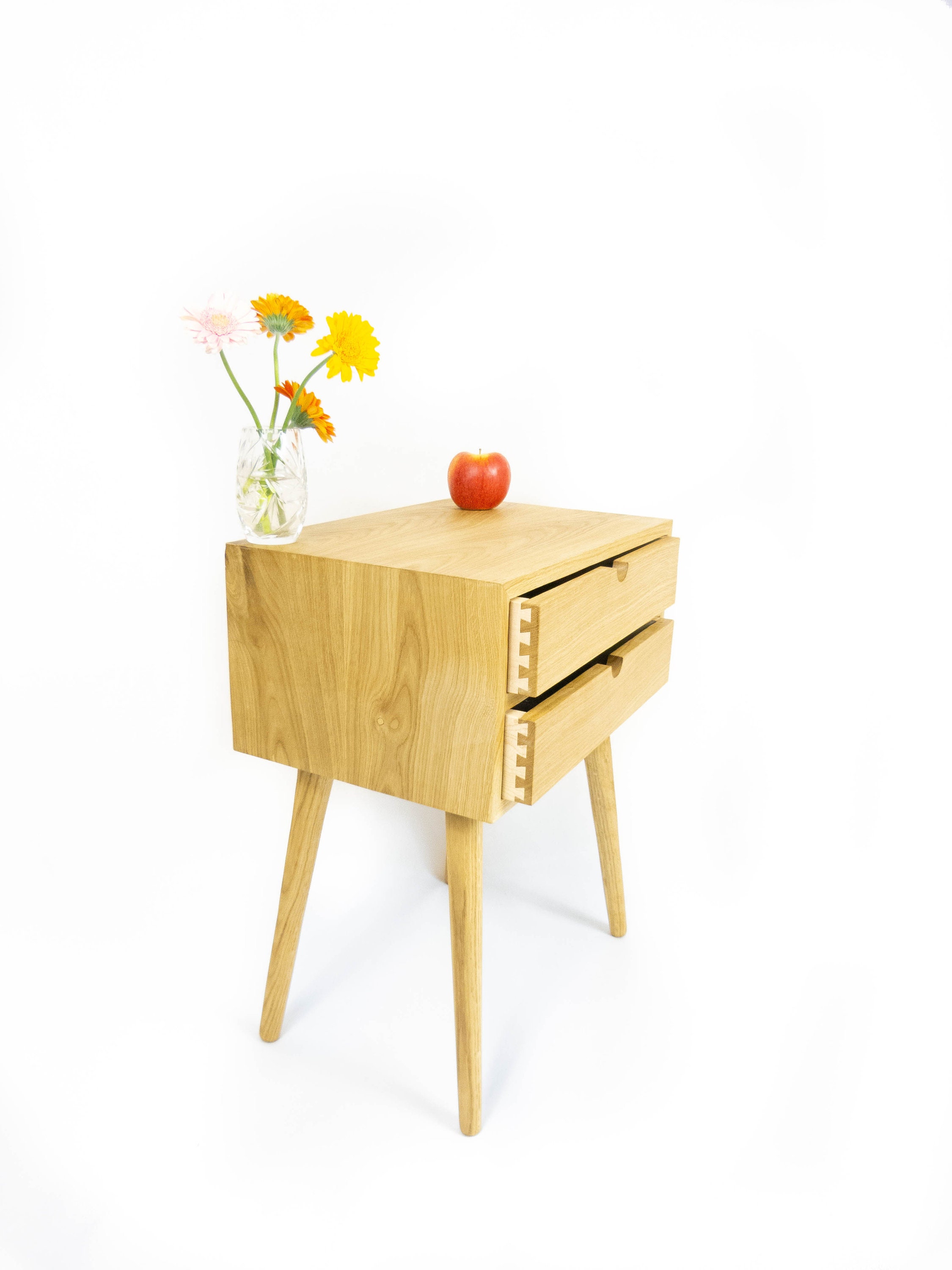 Solid Oak Nightstand Two-Drawer Bedside Table