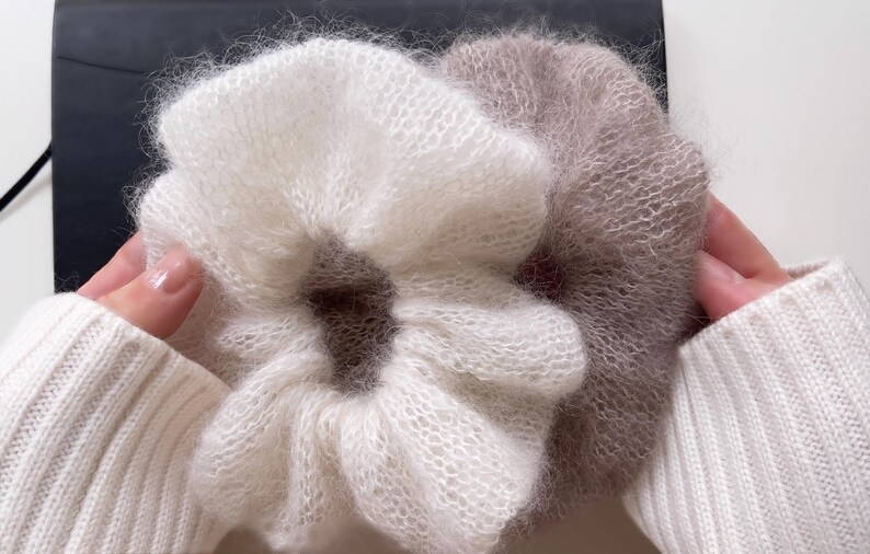 Mohair scrunchie displayed as finished knitted accessory