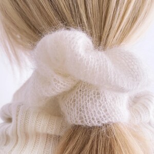 Soft fluffy mohair hair scrunchie on white background