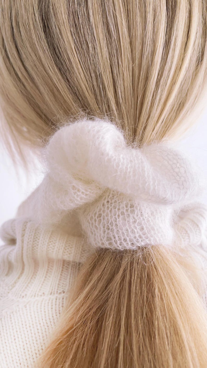 Soft fluffy mohair hair scrunchie on white background