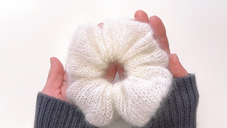 Close-up of lightweight mohair knitted scrunchie
