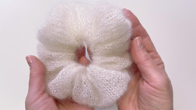 Hand-knitted silk mohair scrunchie detail shot