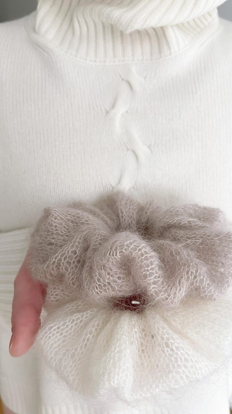 Soft mohair hair tie created with circular needles