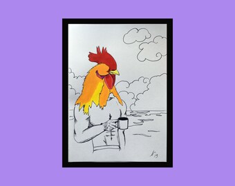illustration drawing acrylic ink rooster modern decoration