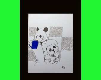 cobalt blue ink and acrylic drawing - pandas wall decoration