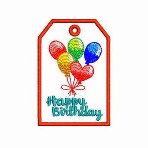 Geschenkanhänger alles Gute zum Geburtstag Maschinenstickerei, Skizze Maschinenstickerei Etikett Geburtstag bunte Luftballons, Instant Download Datei