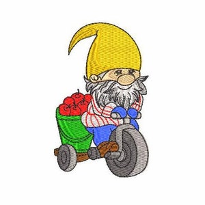 Gnome Machine Embroidery Design 4 SIZES, Gnome on a Bike Digital Embroidery, Cute Apple Gnome Embroidery File, Farmer Gnome Embroidery File.