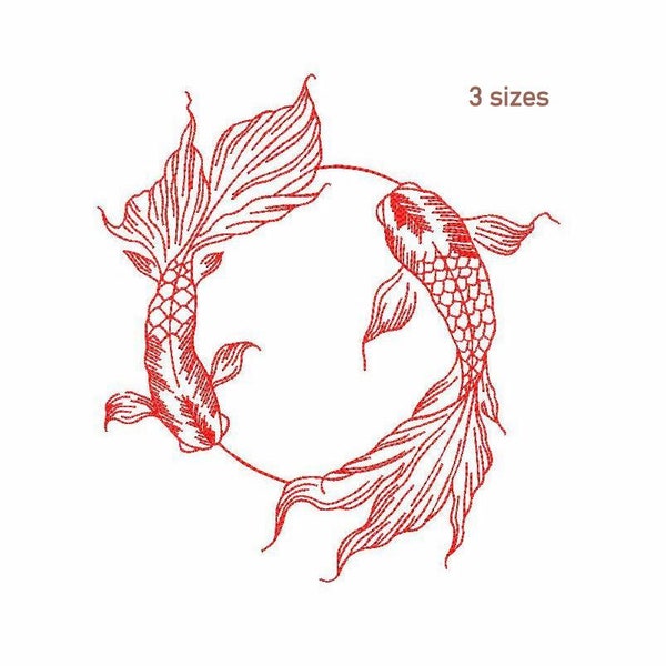 Koi Fish Machine Embroidery Design 3 SIZES, Koi Carp Fish Digital Embroidery File, Two Fish Zodiac Symbol Machine Embroidery, Yin Yang Fish.