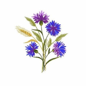 Peut inclure: Un bouquet de fleurs sauvages bleues et violettes avec des tiges et des feuilles vertes. Les fleurs sont disposées dans un vase avec quelques épis de blé.
