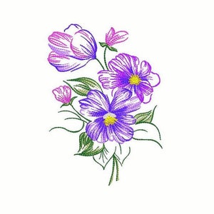 Può includere: Un bouquet di fiori viola e rosa con foglie verdi. I fiori sono stilizzati e hanno un aspetto delicato e ricamato.