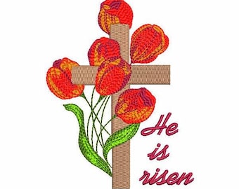 Easter Cross Machine Embroidery Design - 5 SIZES, He is risen - Machine Embroidery Design, Christian Cross with Tulips Machine Embroidery.