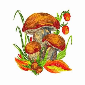Diseño de bordado a máquina de hongos del bosque en 5 tamaños: lindo archivo de bordado digital de bosque, archivo de bordado de hongos otoñales, descarga instantánea