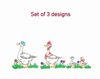 Geese Machine Embroidery Designs SET of 3 Separate Designs, Goose Family Digital Embroidery, Happy Goose Farm Machine Embroidery Design.