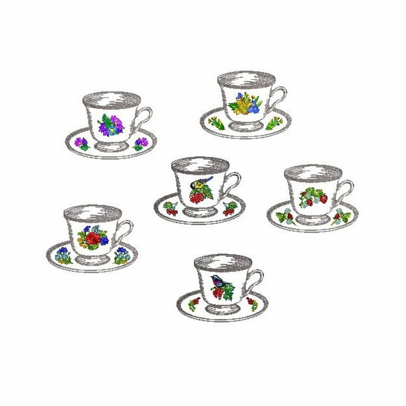 Tea Cup SET Machine Embroidery Designs 6 Beautiful Cups With Etsy