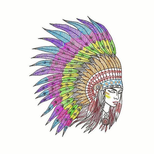 Indian Girl  Machine Embroidery Design - 3 SIZES, Sketch Machine Embroidery Native American Girl Head Silhouette, Instant Download Design.