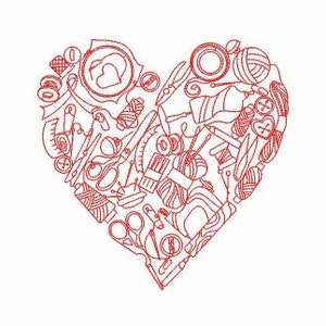 May include: A red line drawing of a heart filled with sewing and crafting tools. The heart is filled with various tools such as scissors, needles, thread, buttons, and rulers.