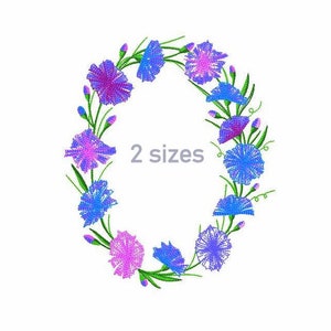 May include: Embroidered floral wreath design featuring pink and blue flowers with green leaves. The wreath is in the shape of an oval and has the text "2 sizes" in the center.