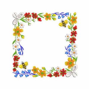 May include: A square frame made of embroidered flowers and bees. The frame is white with a variety of colourful flowers, including red, yellow, white, and blue. There are two bees in the frame, one on each side.